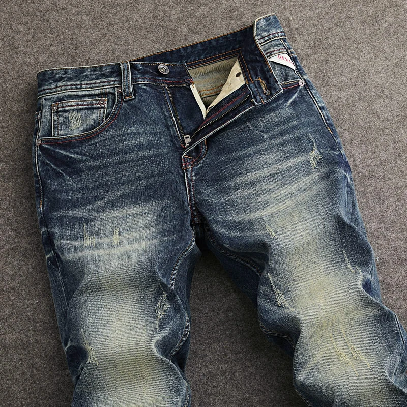 Fashion Designer Men Jeans High Quality Retro Washed Blue Stretch Slim Fit Ripped Jeans Men Y2K Vintage Denim Pants Hombre