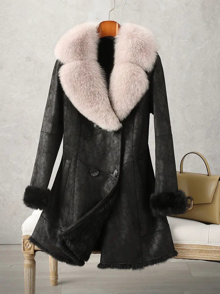 Special offer on the 2025 new Haining Fur, genuine leather rabbit fur integrated women's mid-length fox fur collar fur coat