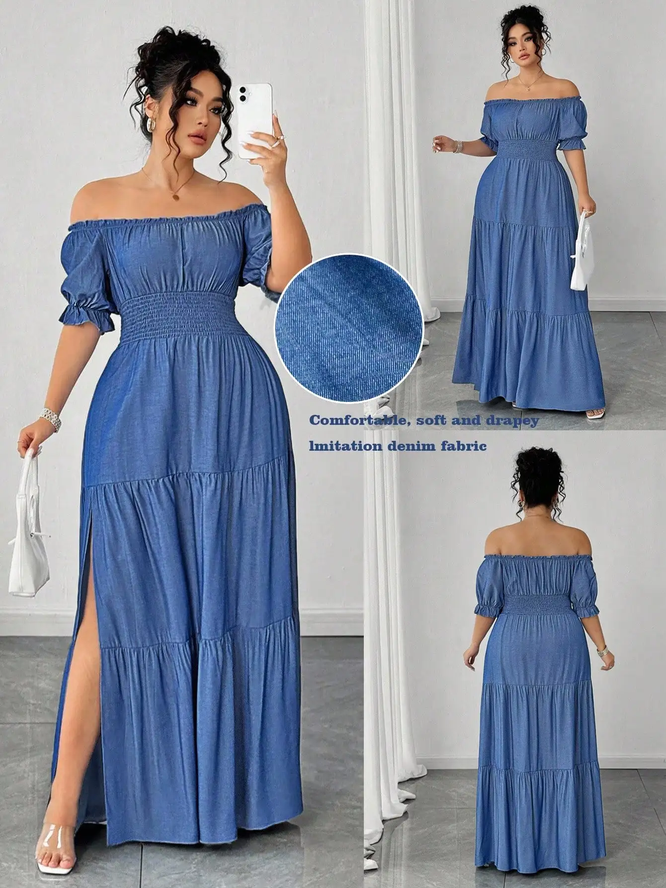 

Plus Size Off-Shoulder Ruched Waist Tiered Maxi Dress with Side Slit in Faux Denim