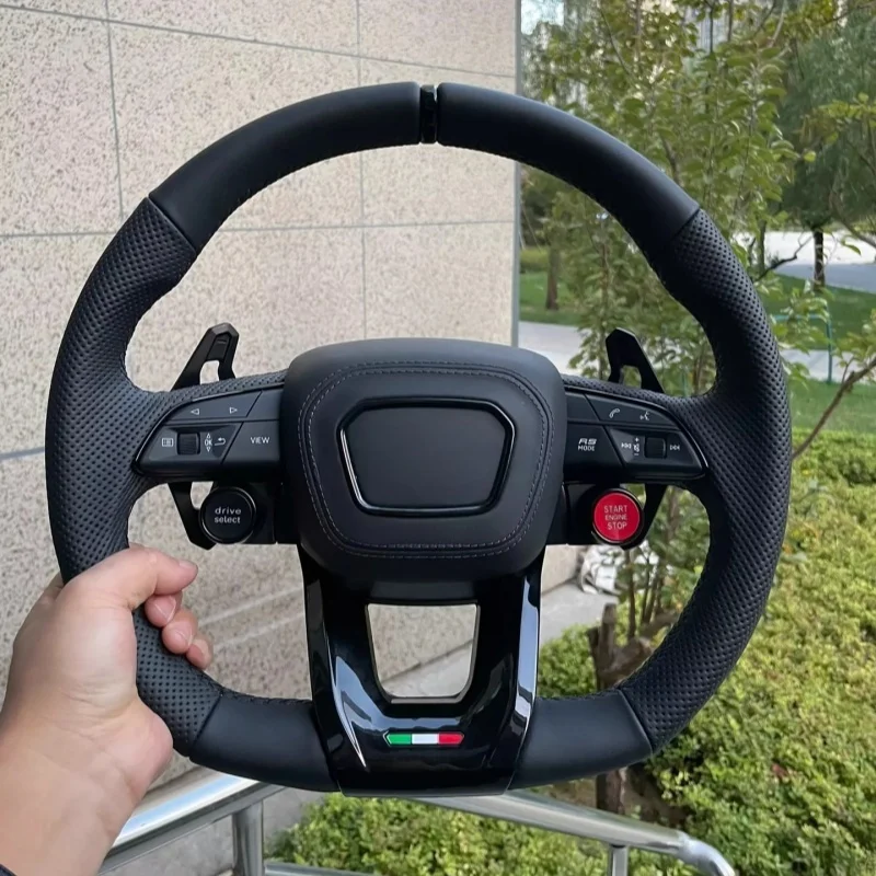 For Audi Q3 Q5 Q7 Q8 RS Q3 RS Q5 Black Leather Perforated Flat Bottomed Steering Wheel With Paddles And Buttons Car Accessories