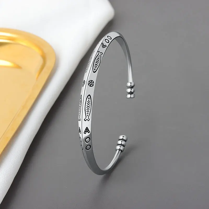 Retro 925 Silver Plated Open Cuff Bracelet For Women Men Handmade Fish Pattern Bangle Adjustable Jewelry Accessories image 6
