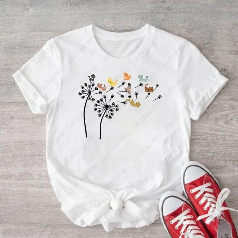 Fly Dandelion Cats Men Women TShirt Flying Kitty Flower Summer Funny Pet Graphic Print Tees High Quality Cotton Loungewear Tops