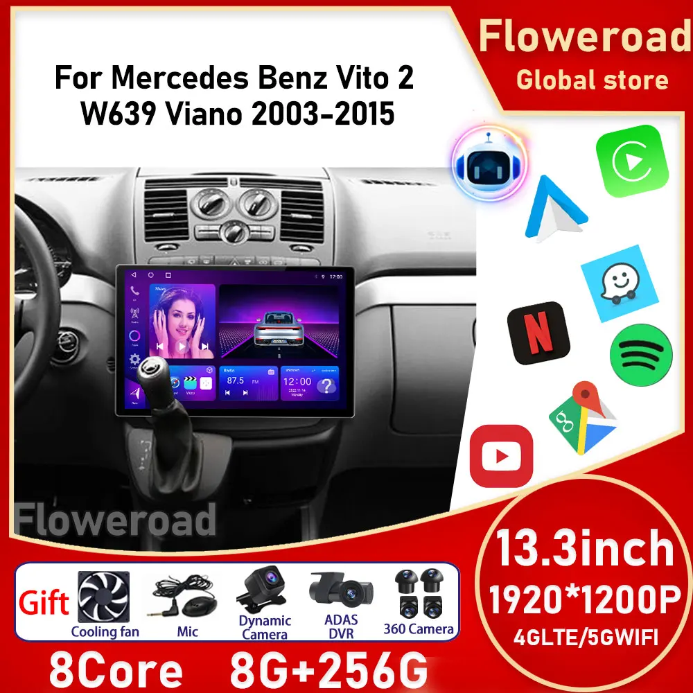 13inch Big Screen Android For Mercedes Benz Vito 2 W639 Viano 2003 - 2015 Car Multimedia Video Player GPS AutoStereo BT Camera