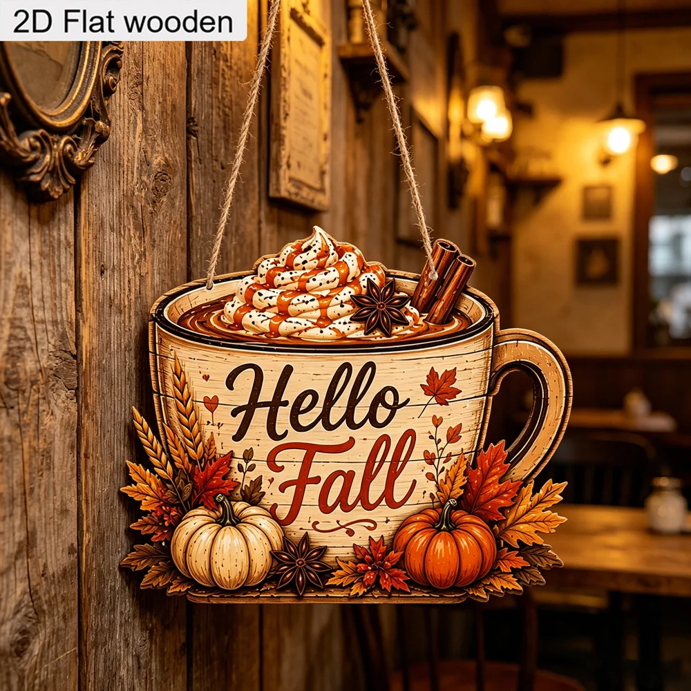 2D Wooden Hello Fall Coffee Cup Hanging Sign Pumpkin Cinnamon Maple Wheat Plaque Farmhouse Autumn Thanksgiving Front Door Wall