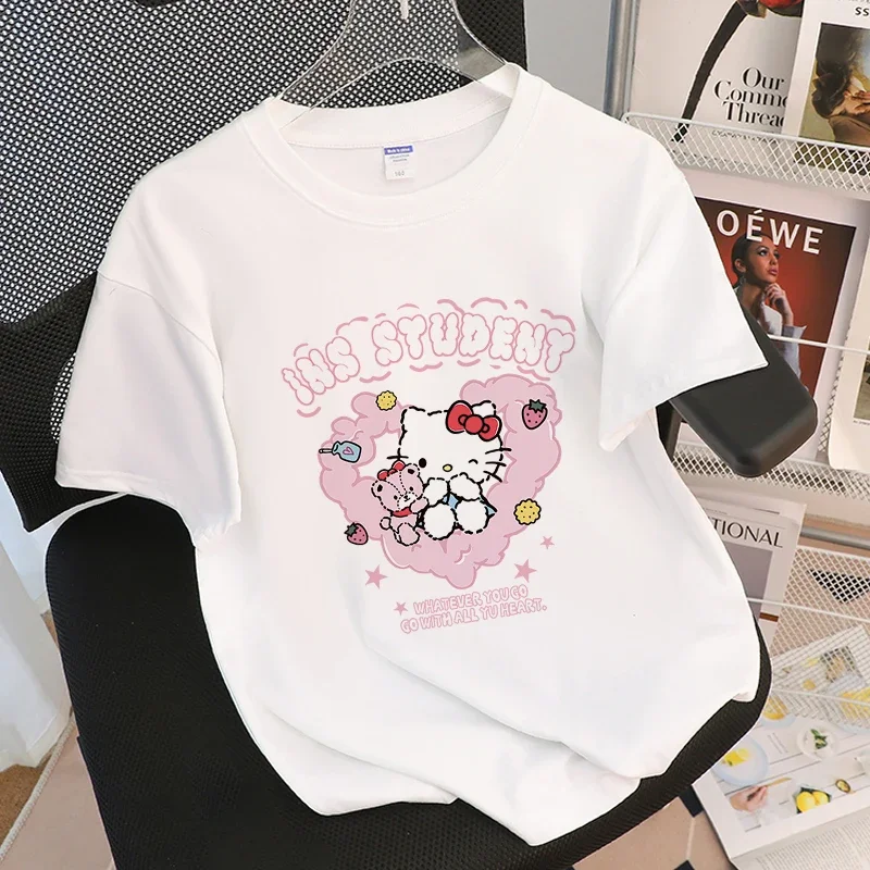 

Hello Kitty Love Cartoon Anime Printing Cute Style Womens T-Shirts Letter Loose Fitting T-Shirt Personality Leisure Short Sleeve