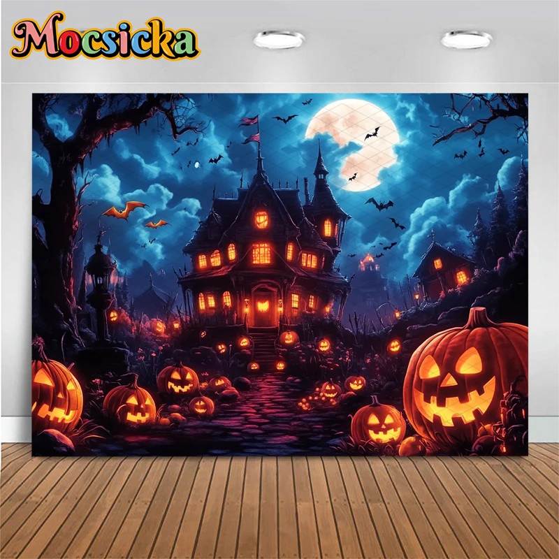Mocsicka Хэллоуин фон для фотосъемки замок дом ужас ночь летучая мышь Jack-O-Lantern вечерние Декор детский фото фон обои