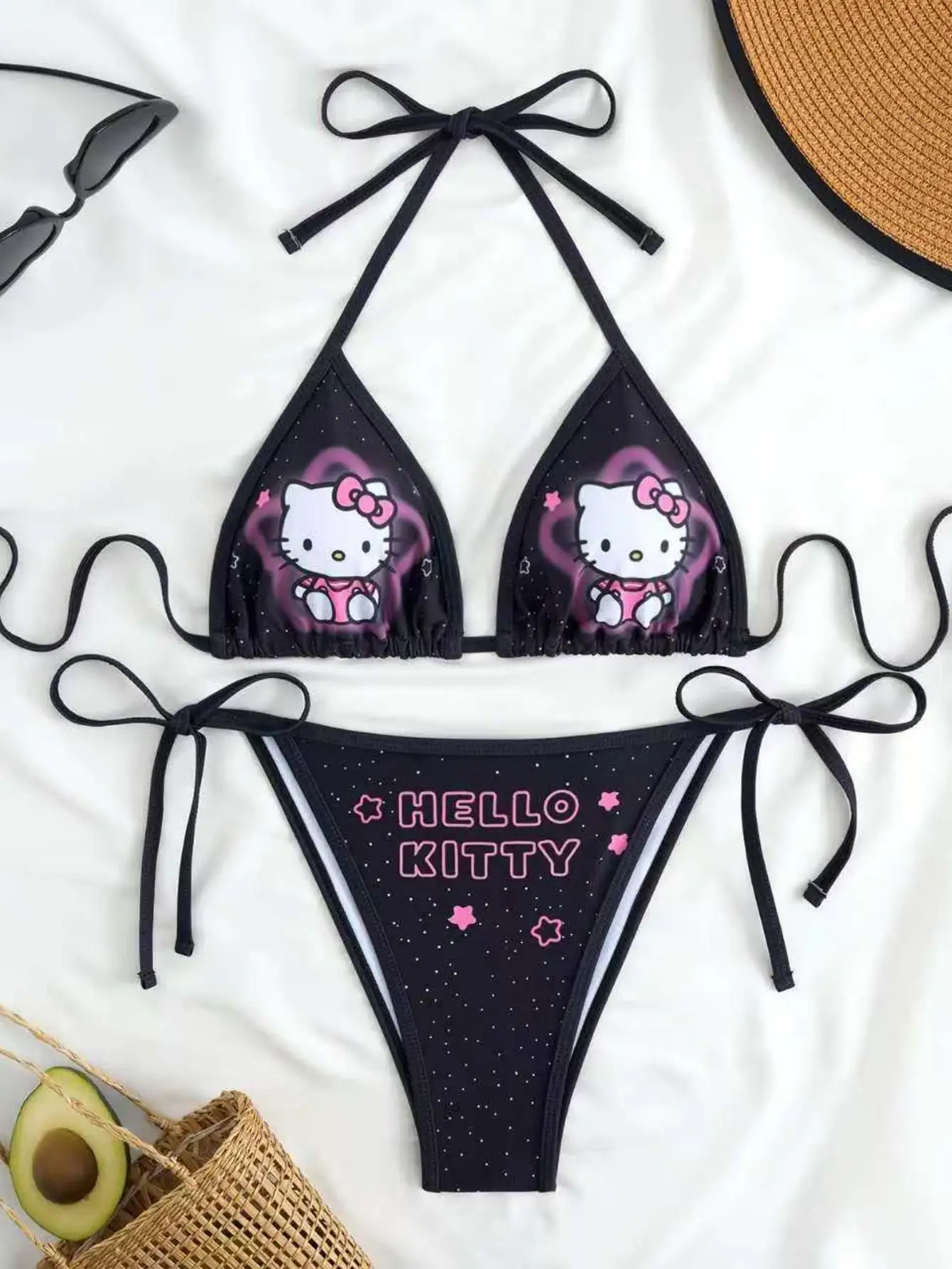 

Y2K Kawaii Hello Kitty Halter Bikini, Black Star Print Tie Side Swimsuit, Cute Anime Bathing Suit for Summer