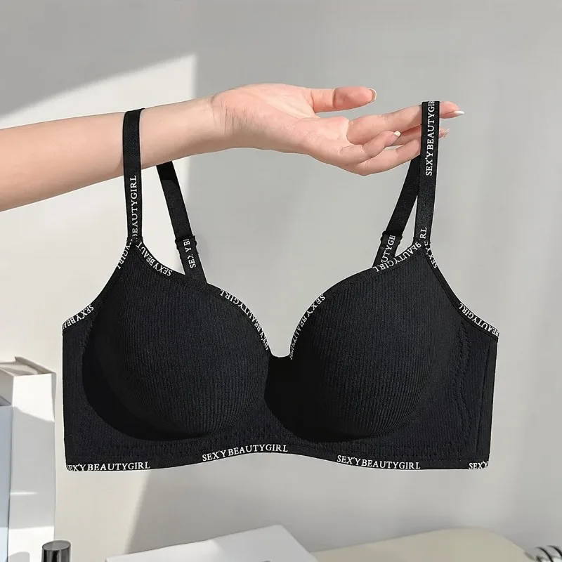 Thickened Push-Up Bra for Small Chest Wireless No Steel Ring Letter Print Adjustable Straps Anti-Slip Pads Seamless Lingerie
