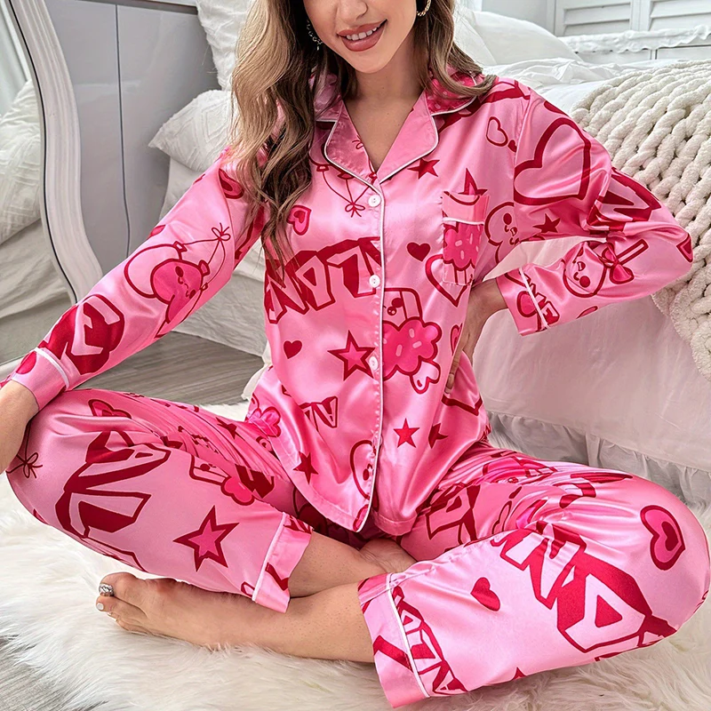 Women Satin Silk Pajamas Letter Pattern Printing Sleepwear Homewear Long Sleeve Pajama Pants Nightwear Loungewear Pyjama Pijama