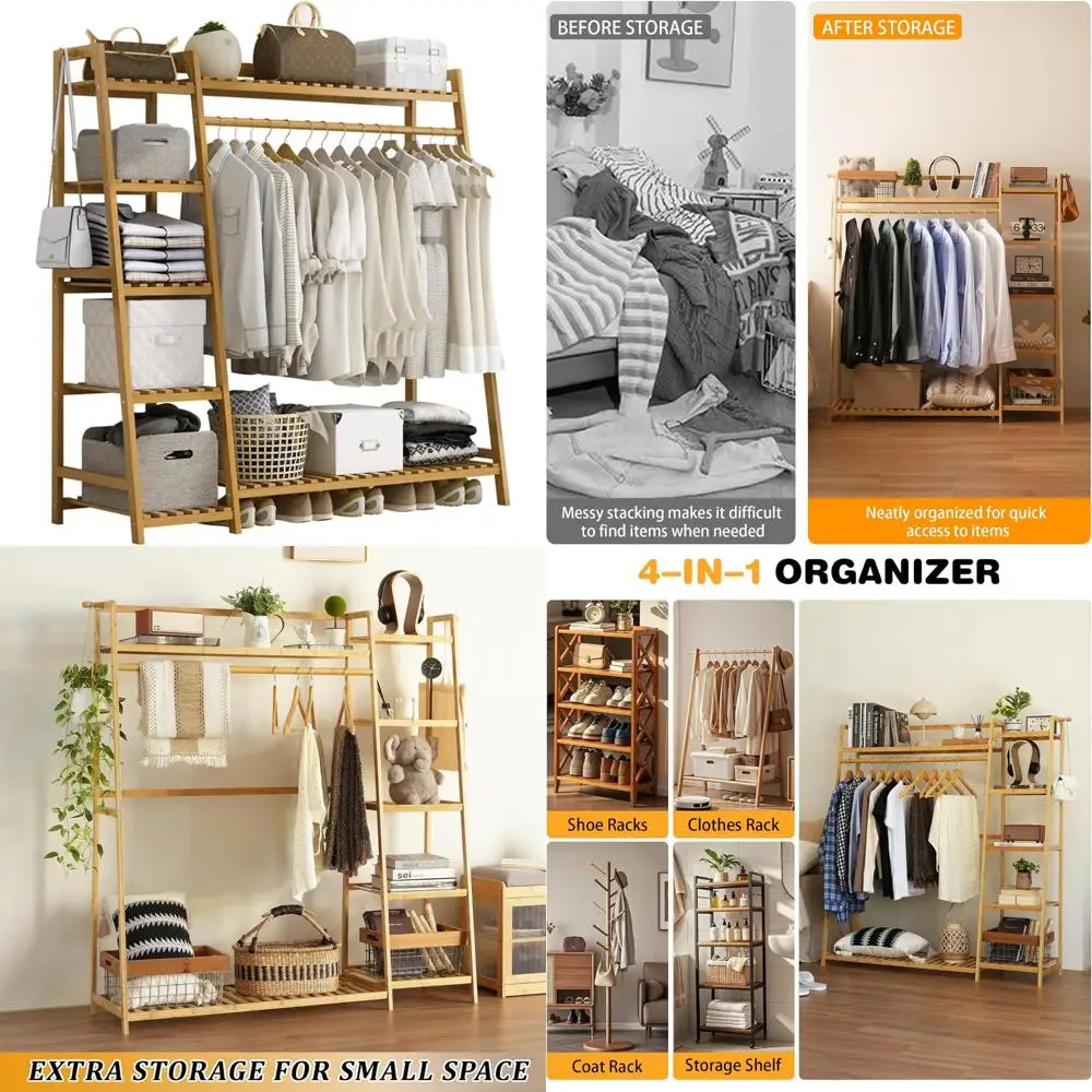 

7-Tier Bamboo Garment Rack with Storage Shelf and Coat Hanging, Portable Closet Organizer for Clothes