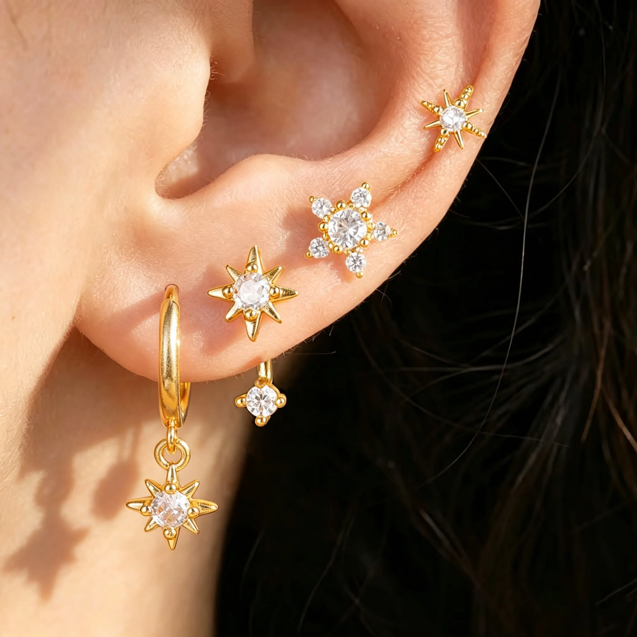 4PCS/8PCS Stainless Steel Shining Star Cubic Zircon Hoop Earrings Set For Women 14K Gold Plated Party Piercing Jewelry Gifts