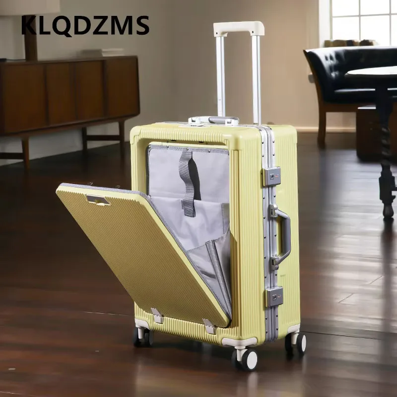 KLQDZMS New 20"24 Inch Suitcase Front Opening Laptop Boarding Case USB Charging Aluminum Frame Trolley Case Rolling Luggage