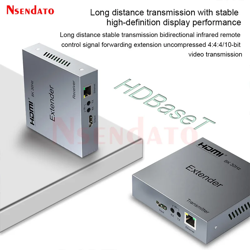 8k 30 هرتز HDBaseT HDMI موسع 100 متر عبر Cat6/6a 4k 120 هرتز hdbaset موسع HDMI جهاز إرسال واستقبال الفيديو موسع لتلفزيون الكمبيوتر