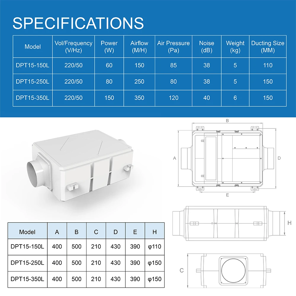 KCvents Fresh Air Fan Efficient Energy-saving of Purification Integrated Fresh Air System ABS Material Easy to Install / 150mm