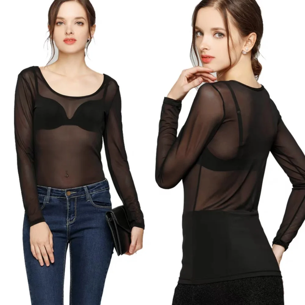 

Sexy Women T Shirt See Through Mesh Tops Transparent Sheer Slim Ladies Tee Tops Sunscreen Tops Long Sleeve Bottoming Shirts