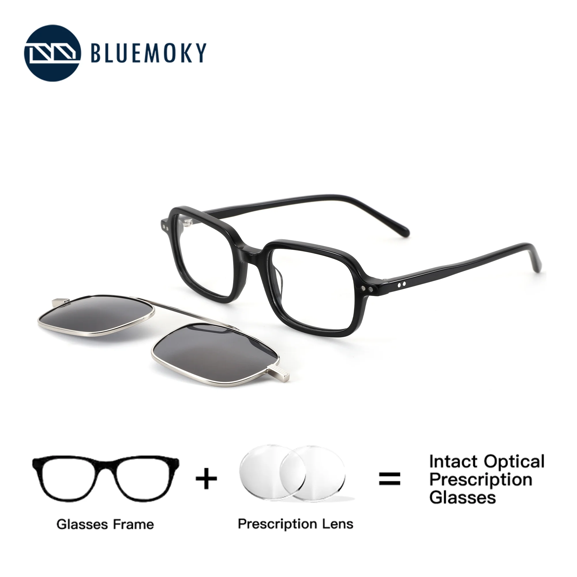 

BLUEMOKY Rectangle Acetate Clip on Prescription Sunglasses Magnetic Polarized UV400 Sun Glasses Men's Medical Optical Eyewear