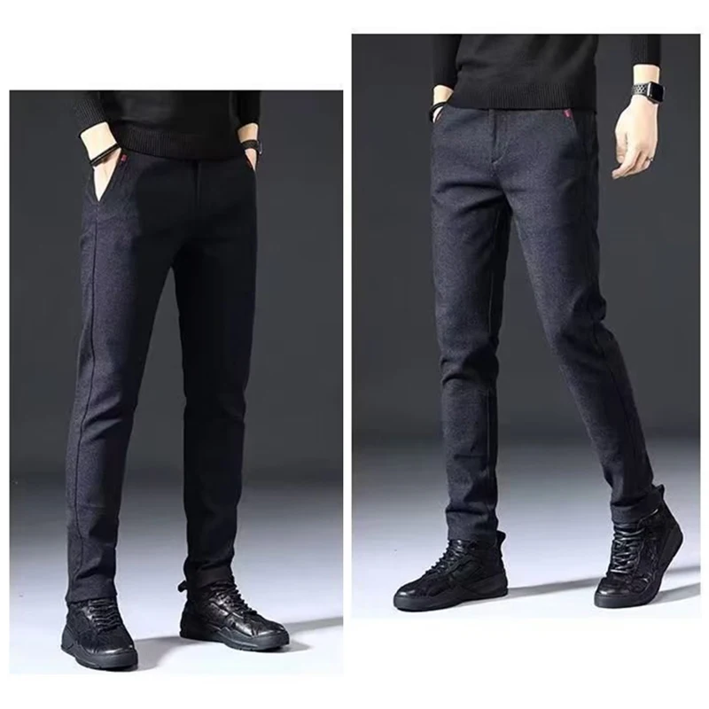 Autumn Winter Men\'s Straight Leg Long Daily Pants Thicken Casual Narrow Leg Trousers Stylish Male Snow Plush Thermal Warm Pants