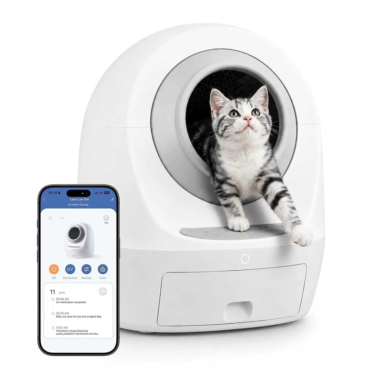 Automatic Self-Cleaning Cat Litter Box | with Leo’s Loo Too Wi-Fi App & Voice Control, UV Odor Control, Safety, Custom