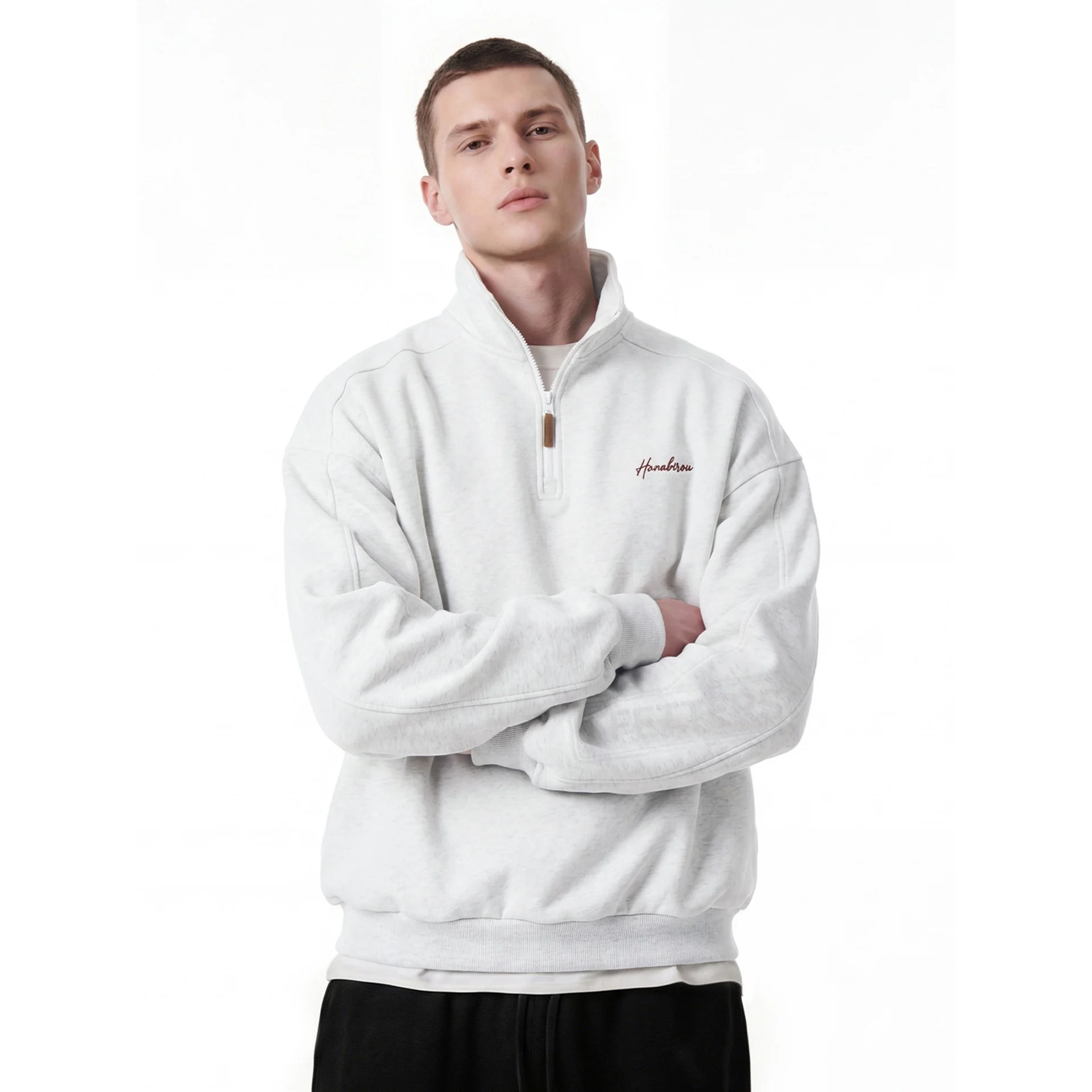 TFETTERS Fall Loose Cotton Half Zip Sweatshirt for Men Heather Gray Stand Collar Minimal Embroidered Casual Tops for Man EU SIZE