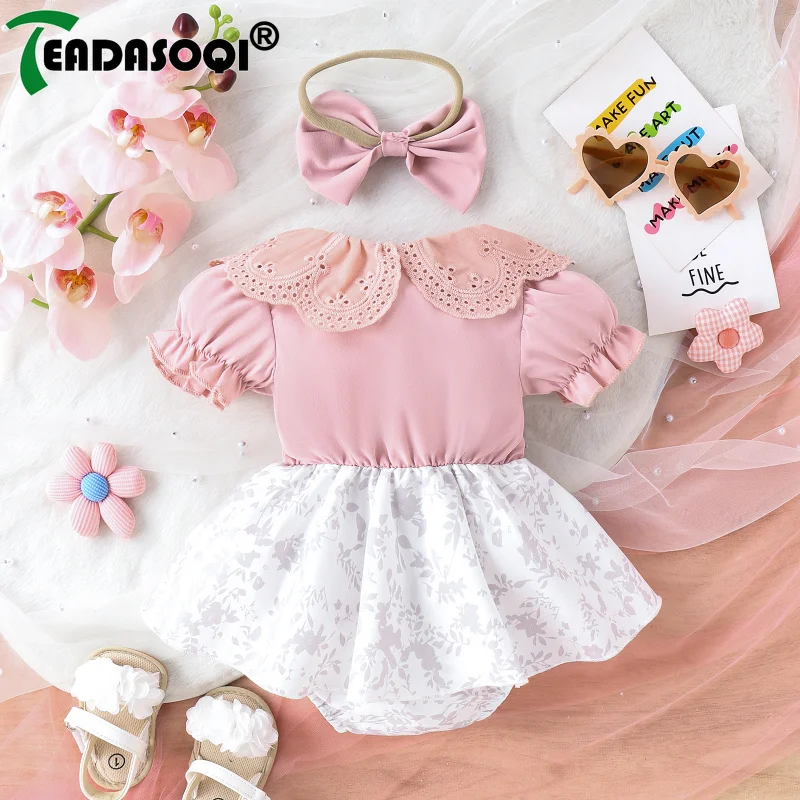 0-18M Summer Infants Newborn Baby Girls Short Puff Sleeve Bodysuit Skirt Prints Romper Dress+Headband Kids Clothes 2Pcs Set