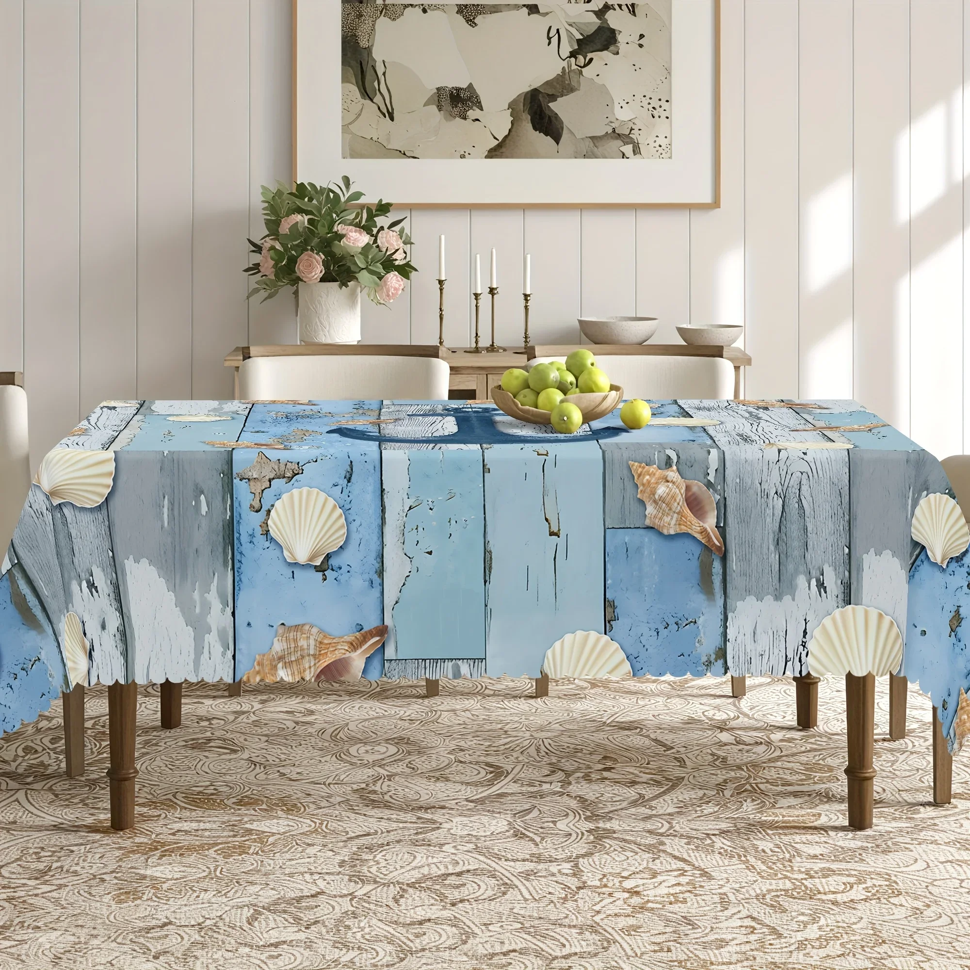 One vintage blue ocean-themed tablecloth - Blue wood-grain sea star, shell and anchor pattern for table covering, yzb