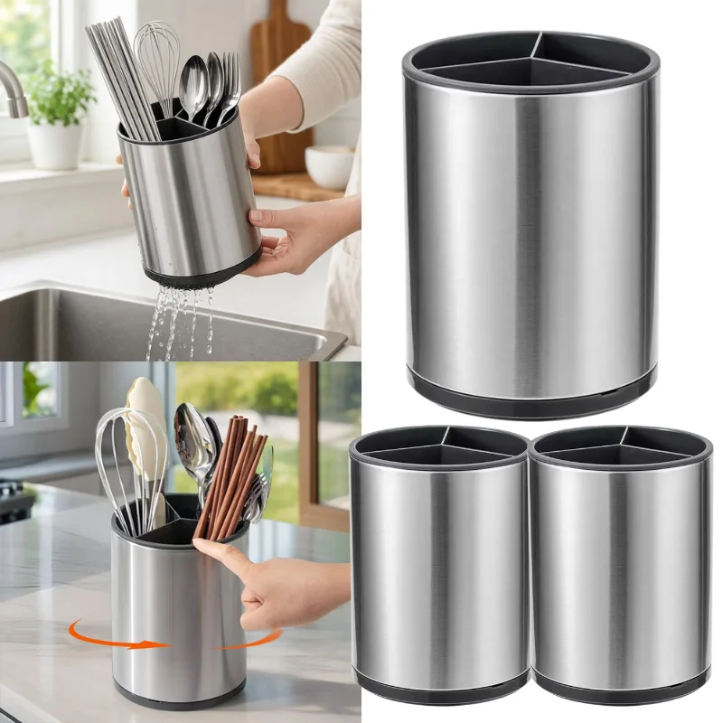 Rotatable Stainless Steel Kitchen Utensil Holder Multi Compartment Chopstick Spoon Storage Organizer Kitchen Gadget