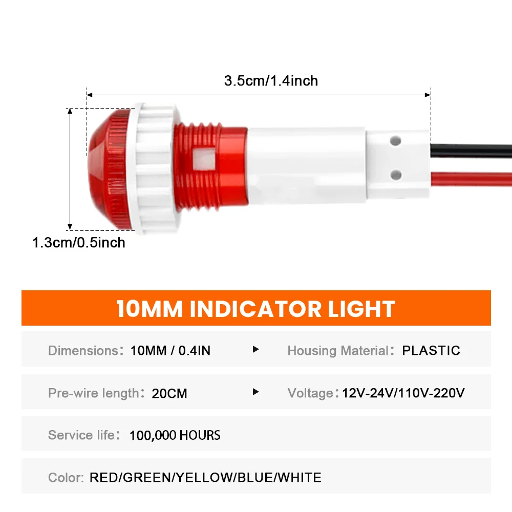 FILN 5PCS 10mm IP67 Waterproof LED Indicator Lights 12V-24V/110V-220V Warning Lamps for Car Marine Industrial Control Panels