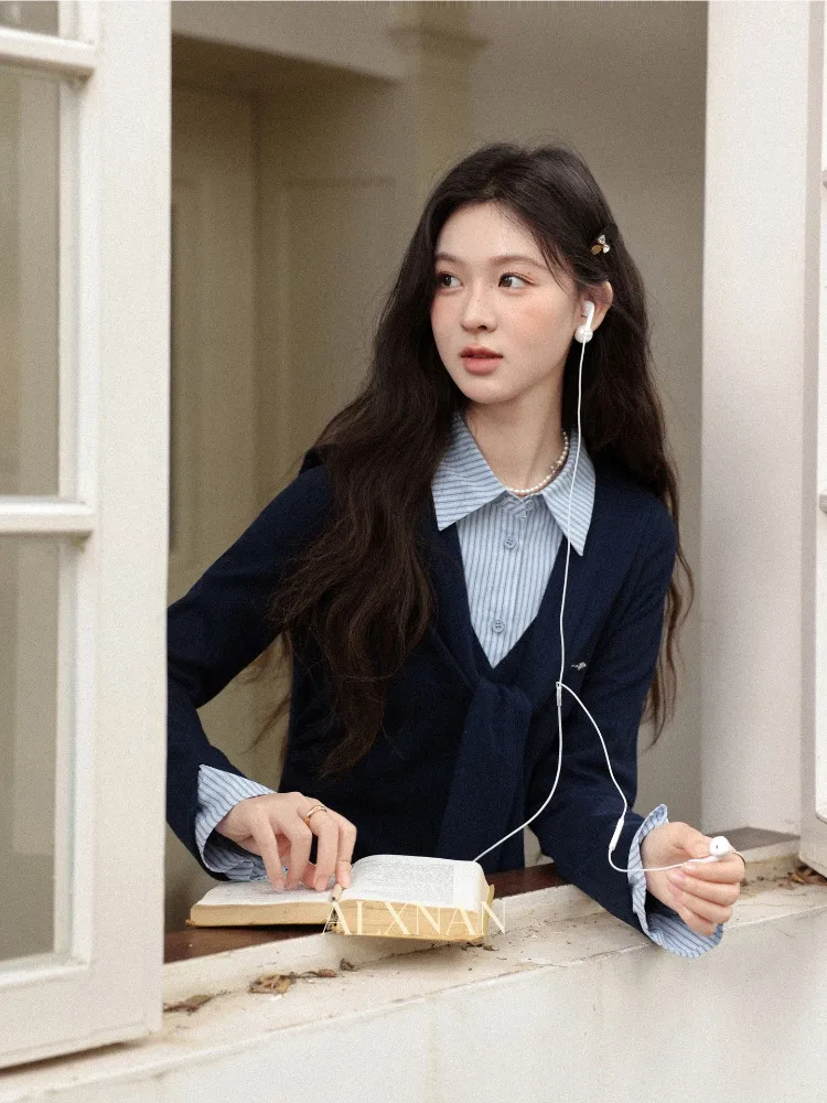 ALXNAN Women's Striped Shirt Dress Long Sleeve Belted French Style Midi Fall Elegant Casual Party Dresses Female Clothing L59029