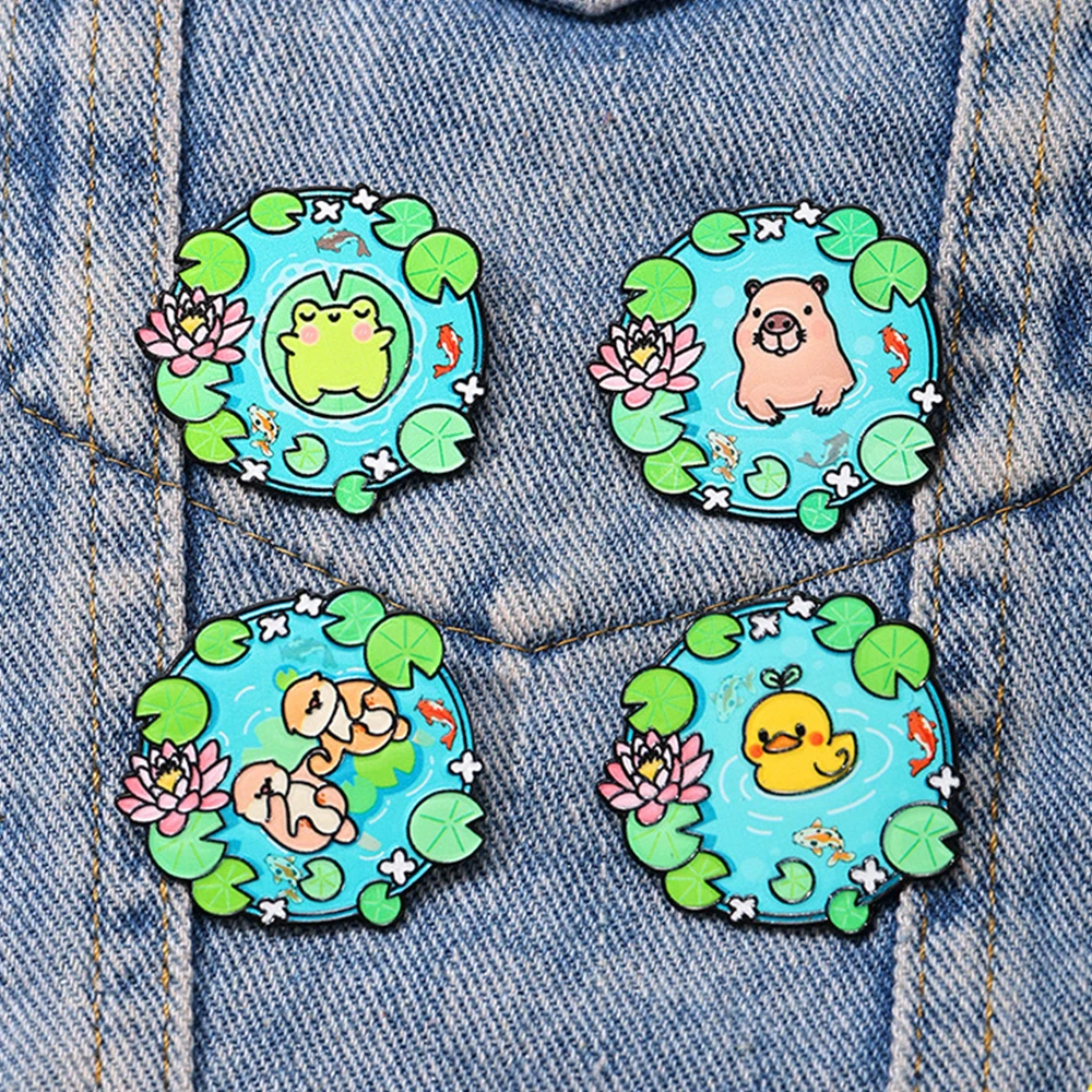 Cartoon Pool Animal Enamel Brooches Lapel Pins Guinea Pig Frog Otter Duck Lotus Flower Cute Fun Animal Metal Badge Jewelry Gift