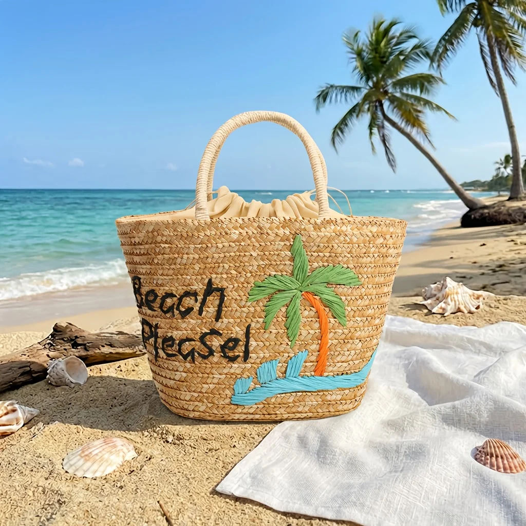 Embroidery Coconut Tree Lemon Straw Bag Large Capacity Shoulder Bag Bohemian Handmade Woven Summer Beach Vacation Tote Bag