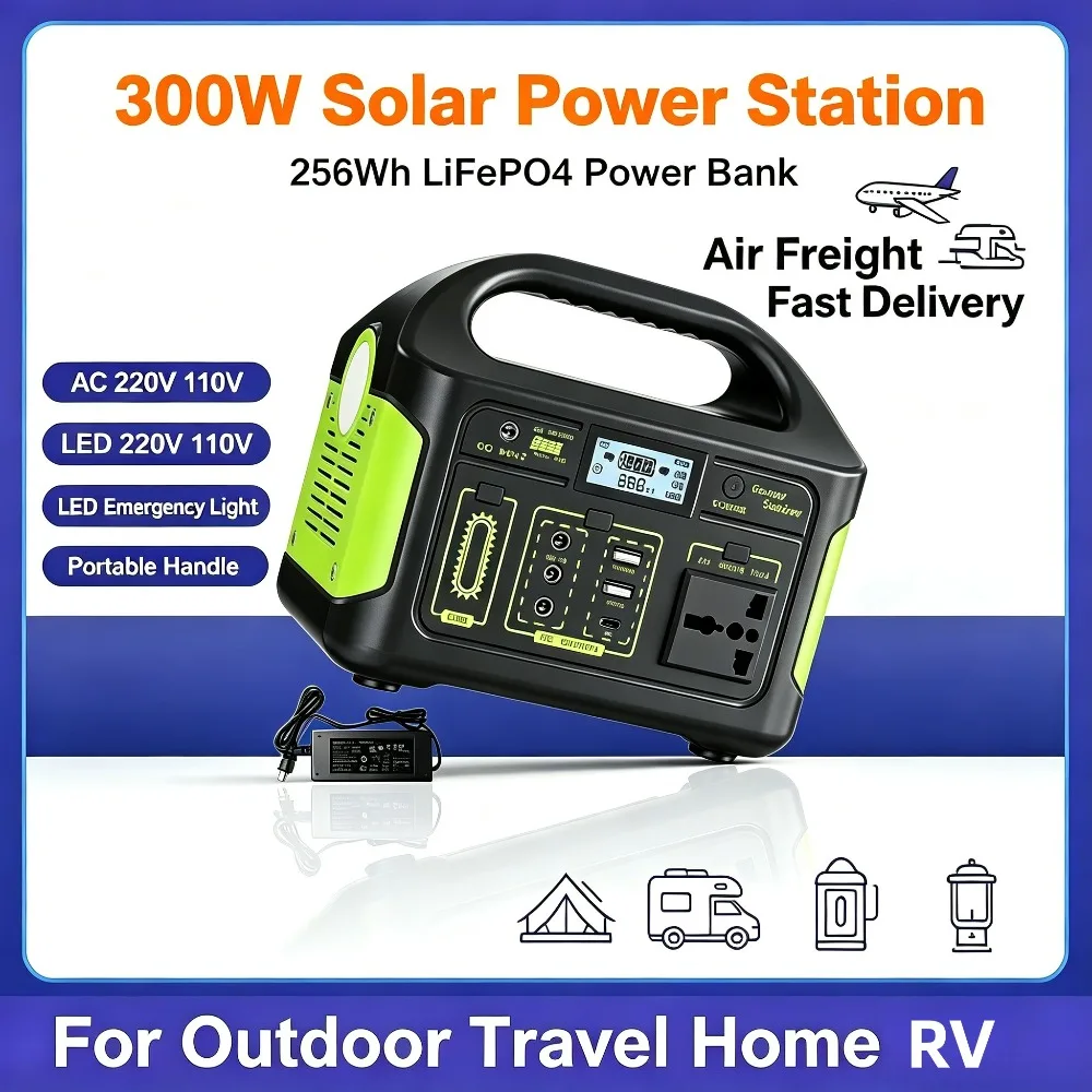 300W 256Wh Portable Power Station LiFePO4 Solar Generator Compatible With Pure Sine Wave AC DC USB Type-C PD For Camping RV Home