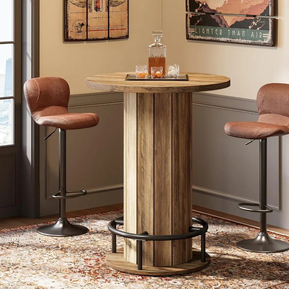 Tavolo da bar rotondo, tavolo da pub bistrot in legno da 39,4 pollici di altezza con poggiapiedi ad anello in metallo per sala da pranzo, caffè, cocktail, piccolo spazio, Br
