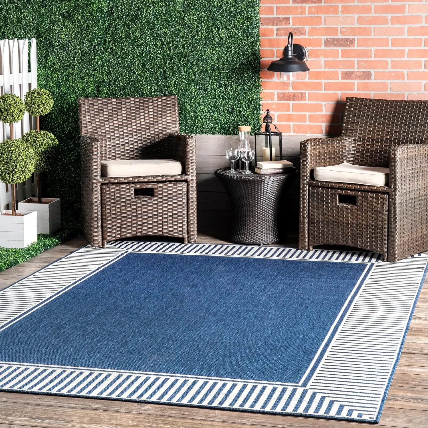 

6' 7" x 9' Outdoor Area Rug, Casual Design With Striped Border, Stain Resistant,Highly Durable, For Patio, Balcony, Bedroom,Navy