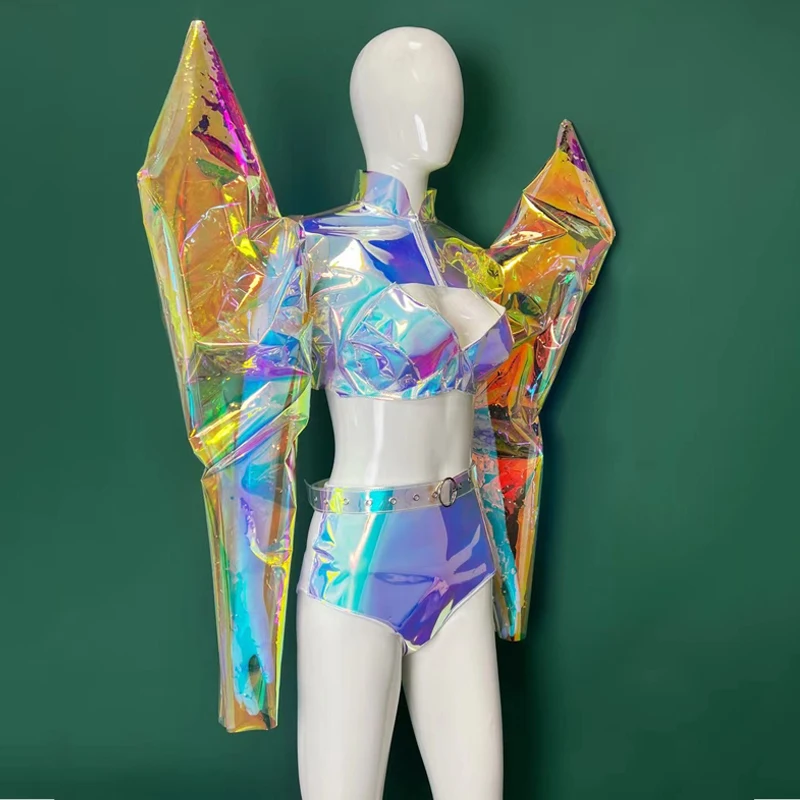 New Sexy Jazz Dance Outfits Colorful Laser Pole Dance Set Women Drag Queen Costume Bar Dj Ds Gogo Laser Clothing Stage Clubwear