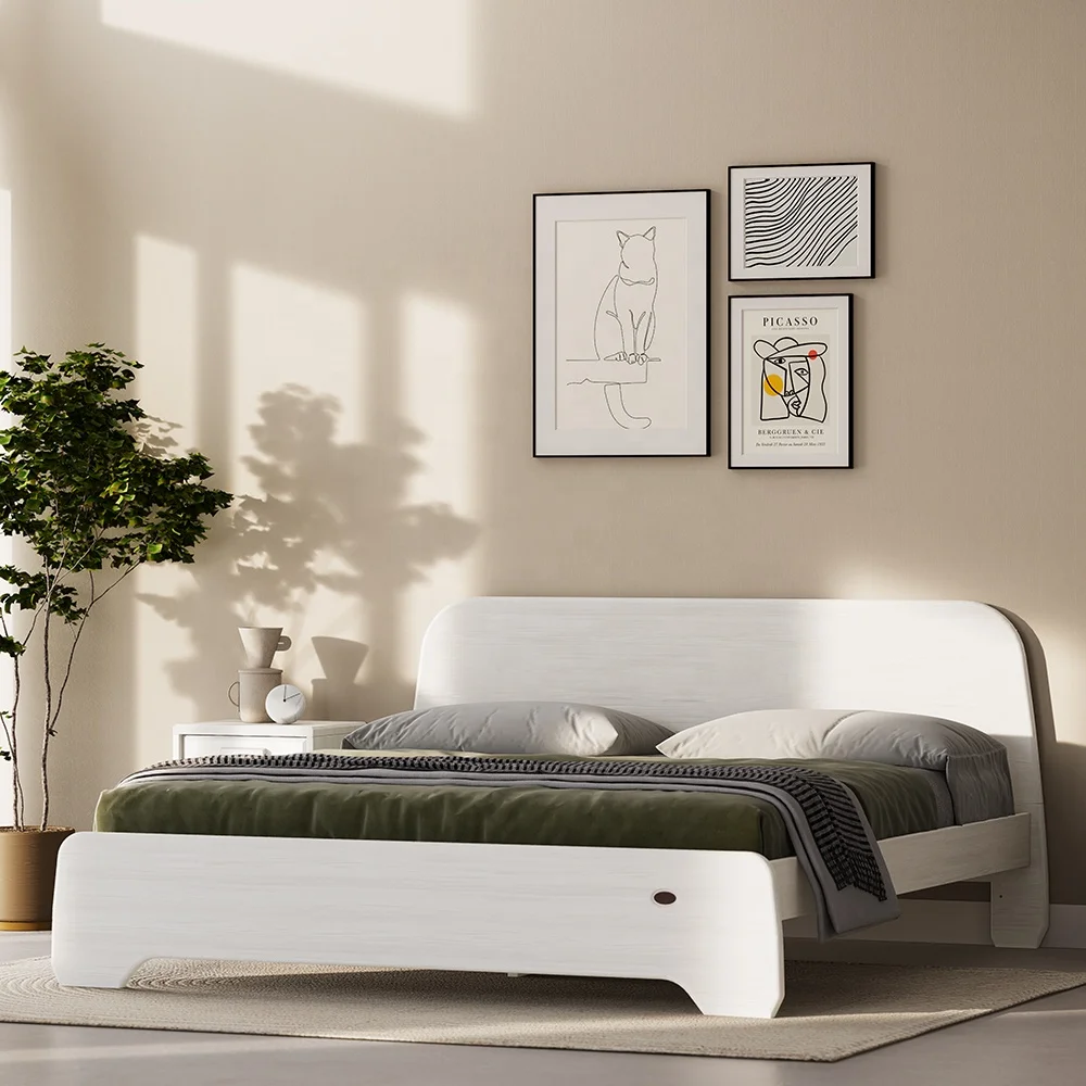 White Colour Solid Pine Wooden King Size Bed Bedroom Furniture