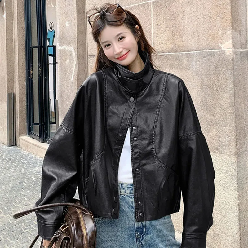 American Women High End PU Leather Coat Autumn Lady Casual Faux Leather Jacket Spring Femme Fashion Long Sleeved Leather Outwear
