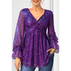 Plus Size Purple Sparkly Glitter Fabric Twist Knot Lantern Sleeve Elastic Cuff Tunic V-neck Christmas Blouse & Shirts for Women