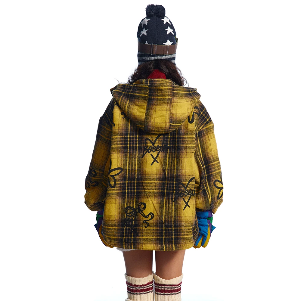 2024 Winter Women Retro Plaid Wool Loose Quilted Hooded Coat Sweat Gilr Streetwear Padded Cotton Parka Jacket Y2k Outerwear