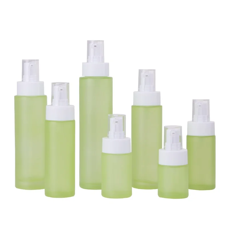 

Frosted Green Lotion Pump Bottles Step Skincare Liquid Foundation Serum Dispenser 20~120ml Glass Lotion Bottles with White Pump