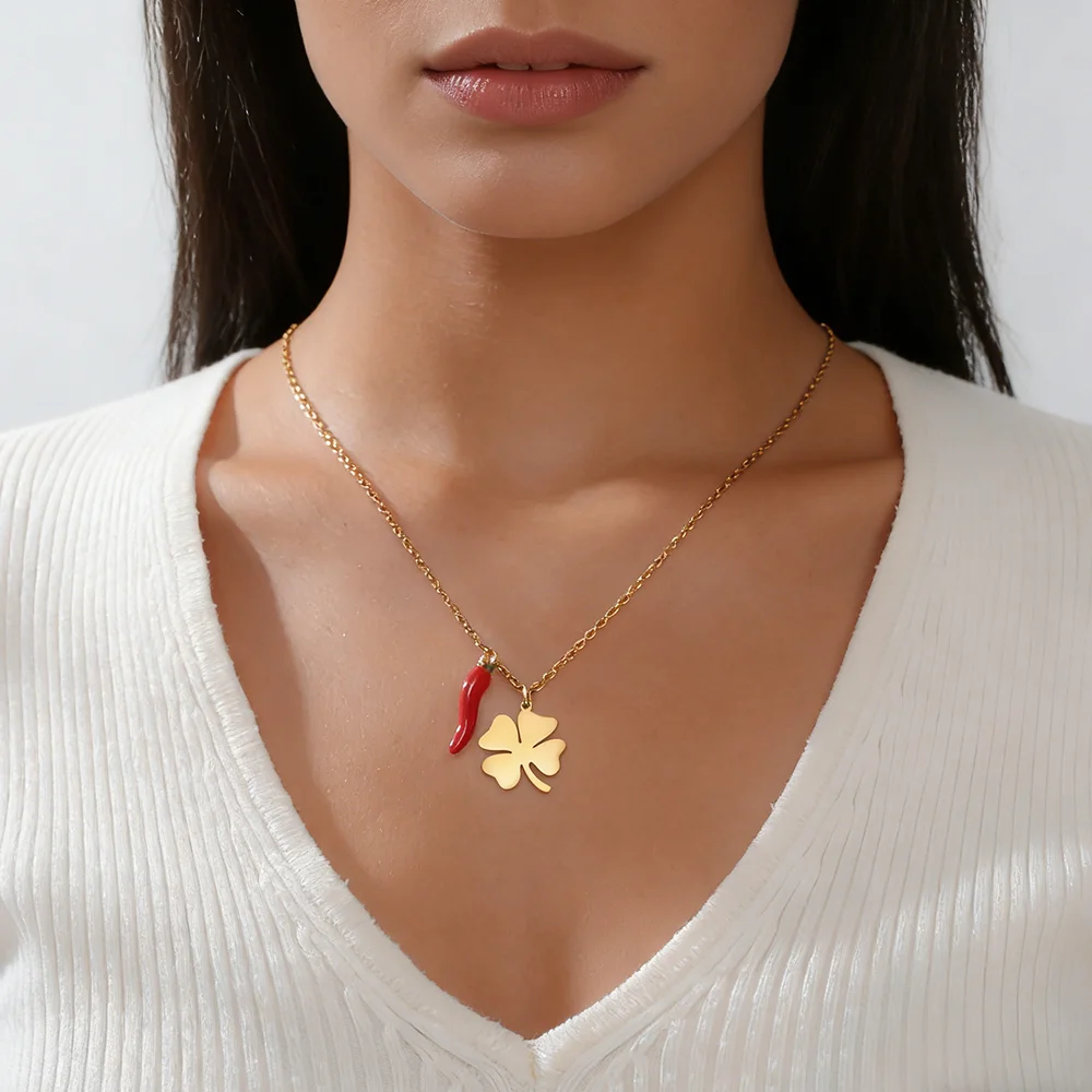 Red Italian Horn Four Leaf Clover Necklace Stainless Steel Gold Color Necklaces Good Luck Protection Jewelry Gift for Women