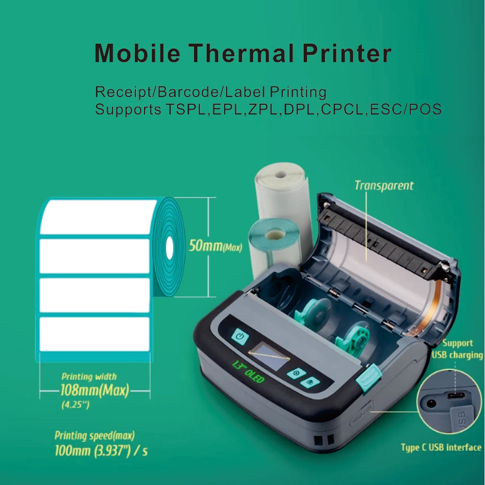 Wireless 110mm Thermal Printer Mini Portable Handheld Bar Code Receipt POS Label Printer in Stock 203DPI