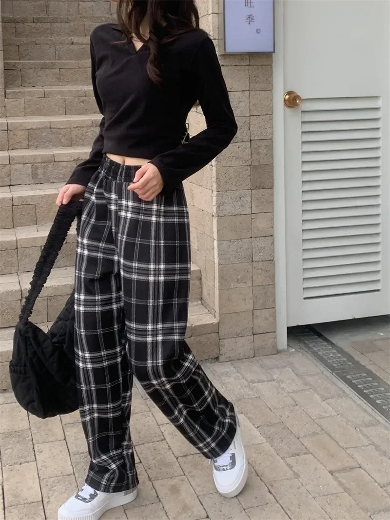 Damen-Hose mit weitem Bein, kariert, mit Fleece gefüttert, hohe Taille, lockere Passform, für den Winter, warm, verdickt, lässige Lounge-Hose für den täglichen Gebrauch – Detail 9