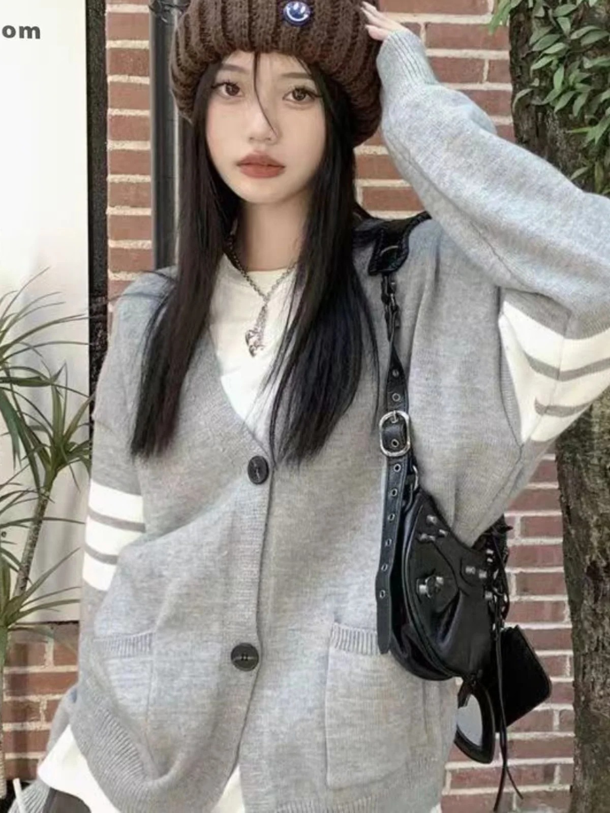 

Повседневный вязаный кардиган в полоску с V-образным вырезом, свободный крой, длинный рукав, осенняя новинка, ретро-стиль