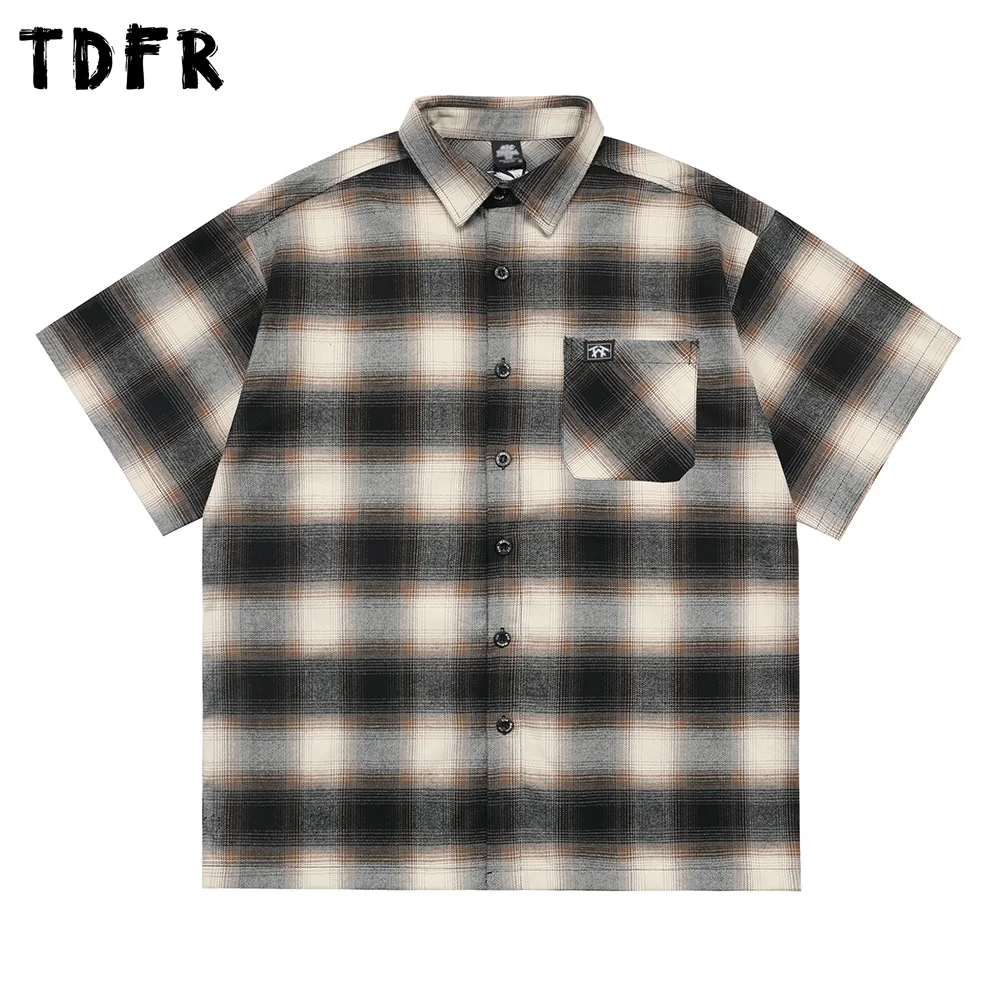 Chicano Style Plaid Short Sleeve Shirts Mens Summer Letter Embroidery Pocket Lapel Half-Sleeve Checked Shirt Men