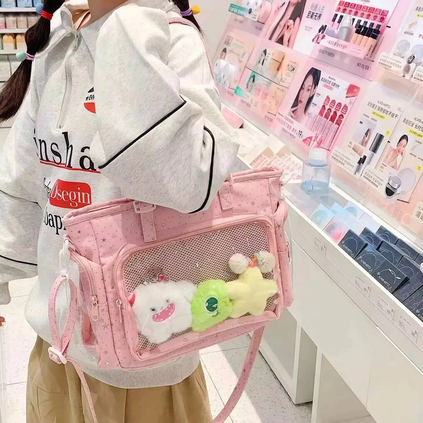 New Y2K Cute Japanese Ita Shoulder Bag Lolita Girls Transparent Tote Bag Large Capacity Crossbody Casual Bag DIY Display Handbag image 3