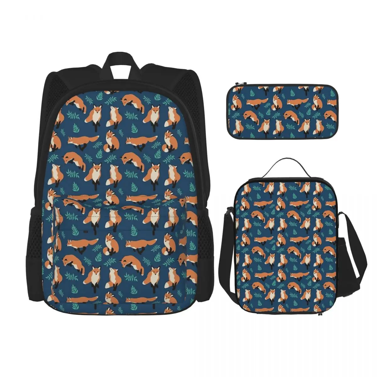 Mochilas de estilo zorro para niños y niñas, mochilas escolares de dibujos animados, bolsa de almuerzo, bolsa para bolígrafos, juego de tres piezas