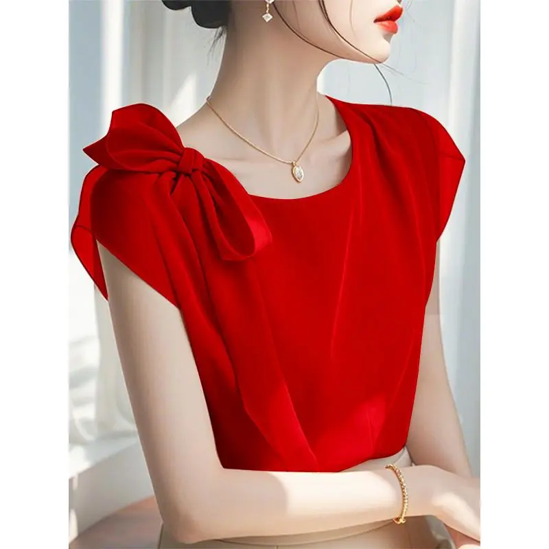 New French High-end Chiffon Shirt for Women with Niche Beauty Short-sleeved Loose Pink Top for Summer