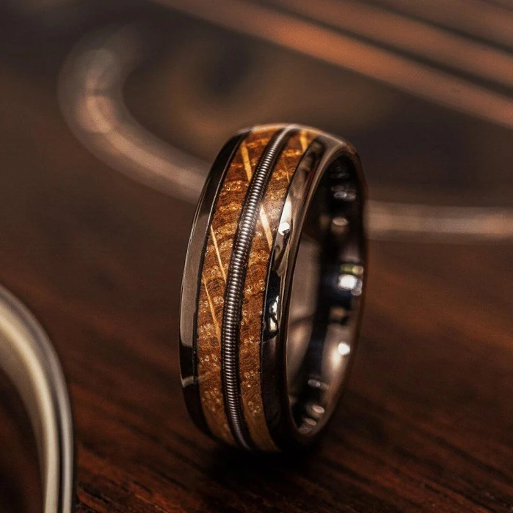 High Quality Tungsten Jewelry 8mm Gunmetal Whiskey Barrel Wood Inlay Guitar String Ring For Men Engagement Wedding Ring, For Da