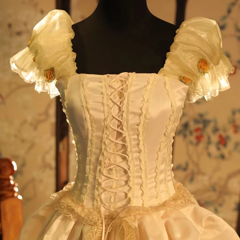 AnXin SH prinses champagne kant lieverd kralen roze roos bladerdeeg korte mouw ruches vetersluiting feest op maat gemaakte trouwjurk