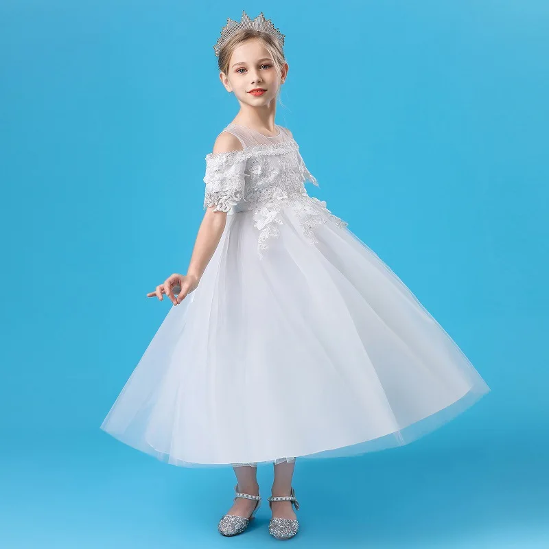 New Children\'s Princess Dress Lace Off Shoulder Long Dress Flower Children\'s Wedding Dress Lace Birthday Princess Dress